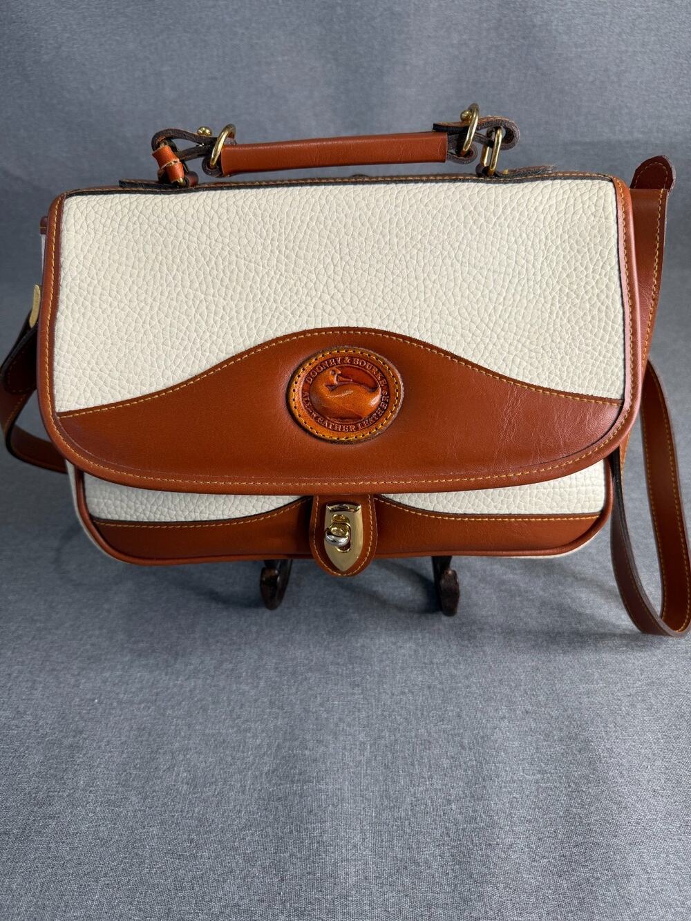 Vintage Dooney&Bourke All Weather Leather Carrier Shoulder Bag Rare White&Tan